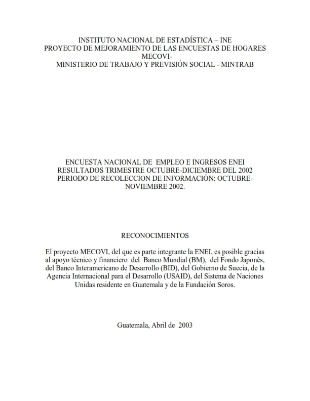 Encuesta Nacional de Empleo e Ingresos ENEI Resultados Trimestre Octubre-Diciembre del 2002