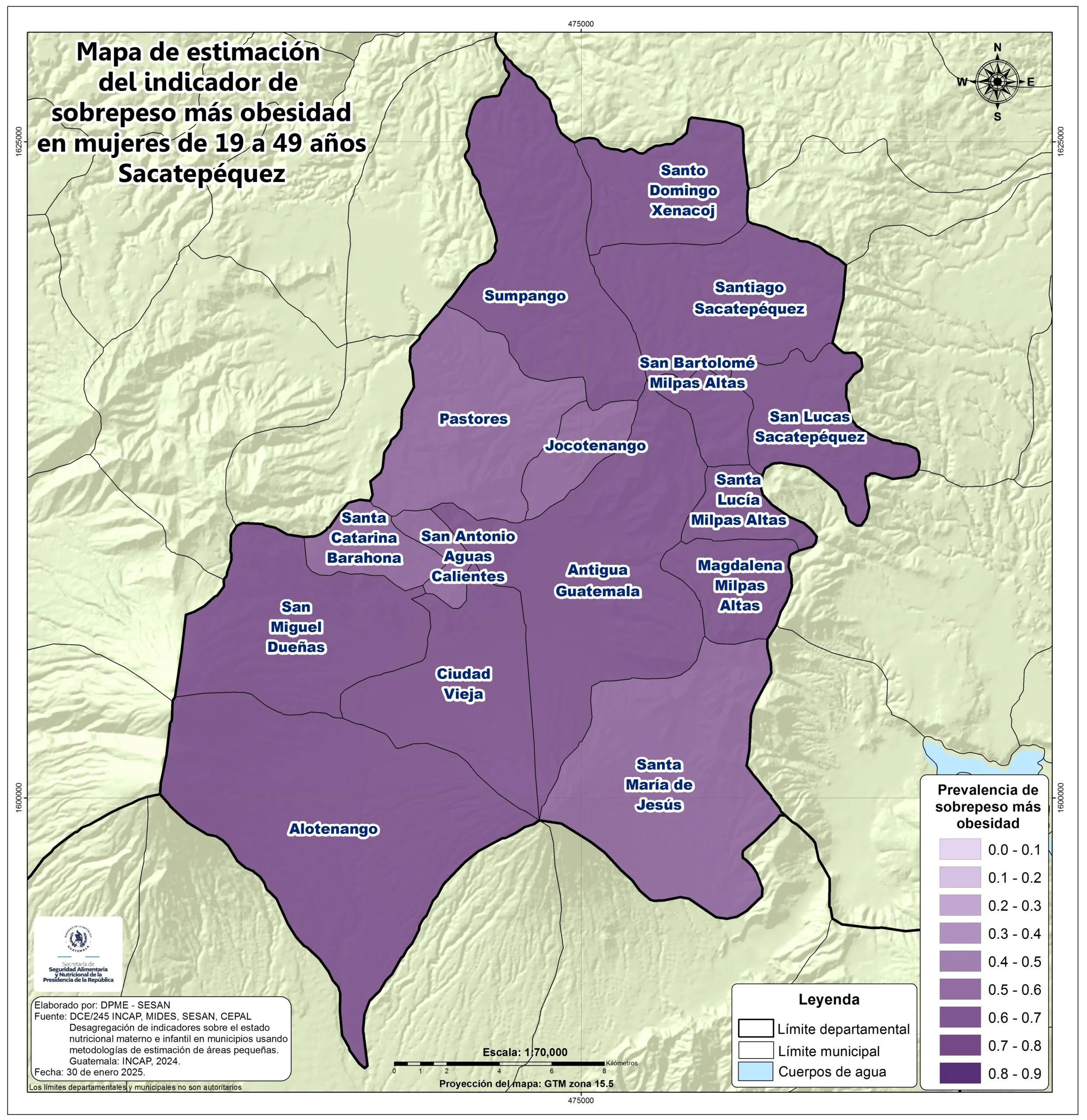SACATEPÉQUEZ_PREDICCIONES DE PREVALENCIA PARA EL INDICADOR DE SOBREPESO MÁS OBESIDAD EN MUJERES DE 19 A 49 AÑOS